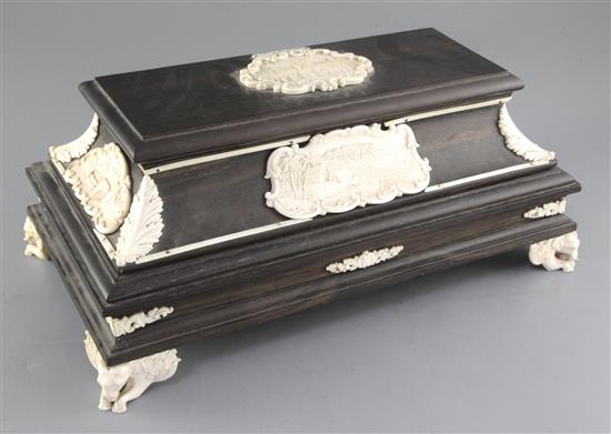 A late 19th century Indian ivory and ebony Trivandrum School of Arts casket, 15.5 x 9in. height 6.25in.